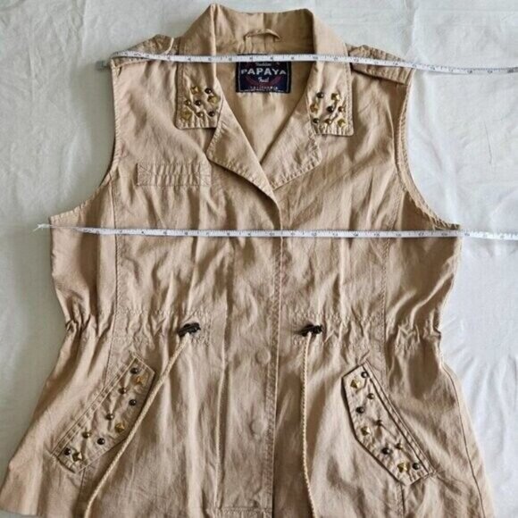 Papaya Vest Womens L Tan Full Zip Studs Pockets Drawstrings Cotton Boho Hippie - Picture 4 of 14